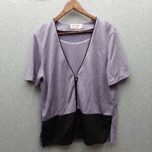 Alfred Dunner Womens Short-Sleeve Purple & Black V-Neck Top M